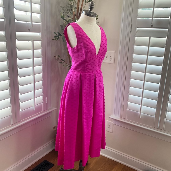 WOMAN PLEATED FLOCKED SILK-FAILLE MIDI DRESS BRIGHT PINK size 6 - Picture 8 of 13